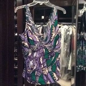 Tahari silk green, purple top, vneck, small, nwt,